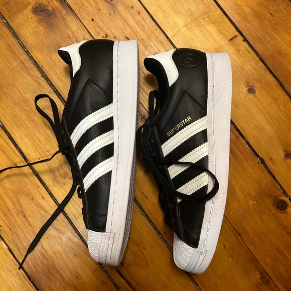 Vegan Adidas Black, White & Gold Superstar Sneakers - Picture 3 of 4
